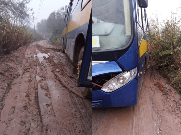 Ônibus escolar derrapa ao passar na lama no interior de Camaquã