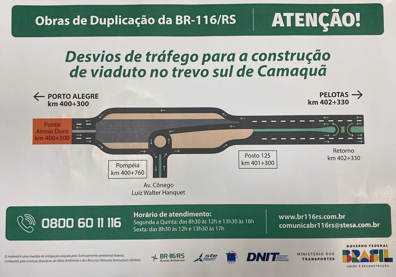 Alerta no trânsito: BR-116 em Camaquã tem mudanças para construção de viaduto