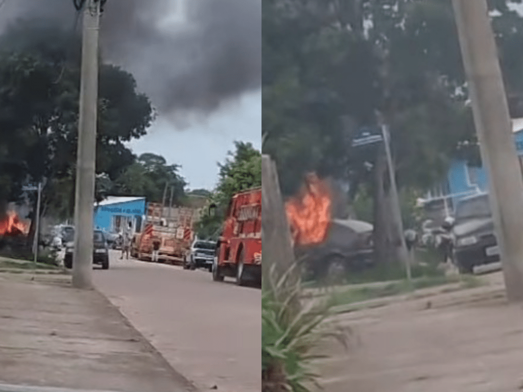 Carro pega fogo em oficina mecânica em Camaquã