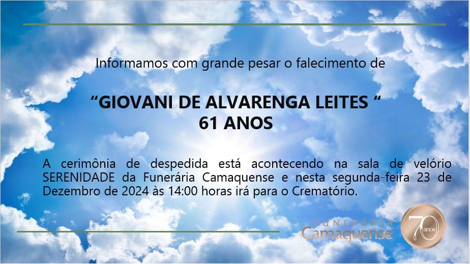 A Funerária Camaquense divulgou a nota de falecimento de Giovani de Alvarenga Leites, aos 61 anos de idade. 