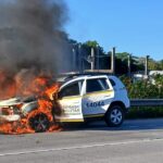 Viatura da Brigada Militar pega fogo na BR-392 em Rio Grande