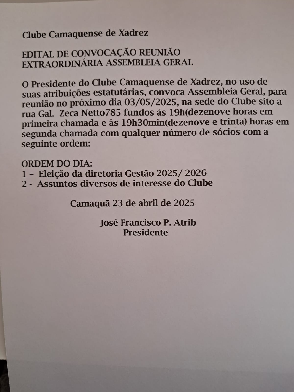 Clube Camaquense de Xadrez divulga edital de convocação para Assembleia Geral Extraordinária. Foto: Divulgação