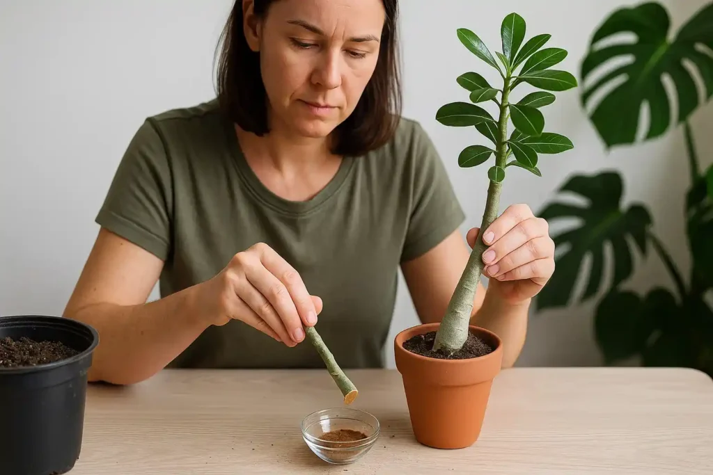 Faça muda de rosa-do-deserto com galho cortado na diagonal