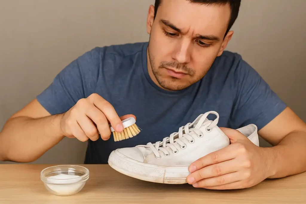 Como desencardir tênis branco usando bicarbonato e escova macia