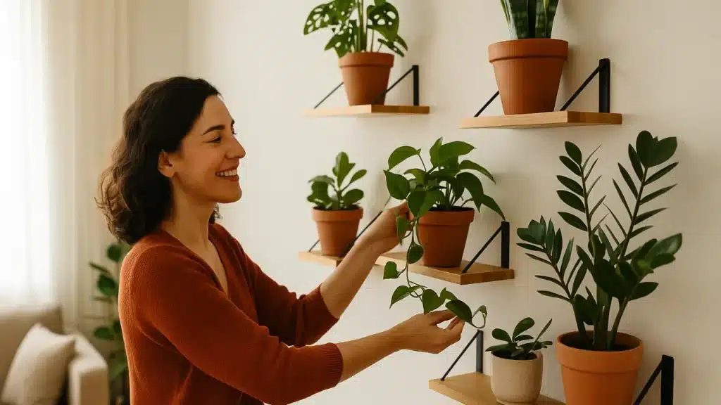 Aprenda a organizar plantas em prateleiras para dar vida à sua sala