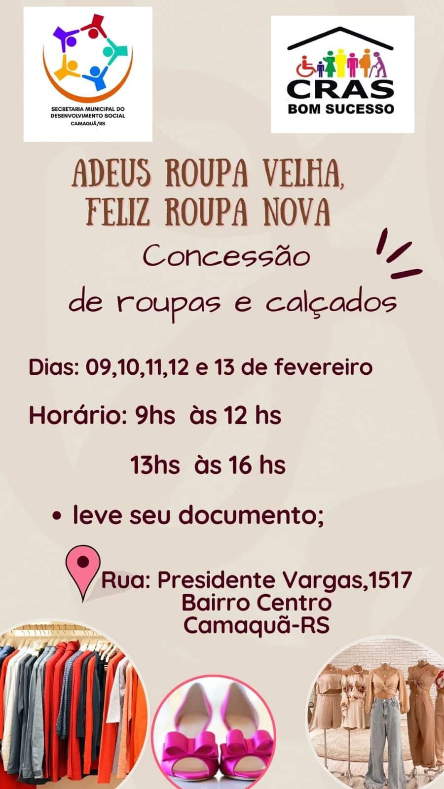 CRAS Bom Sucesso distribuirá roupas e calçados gratuitamente