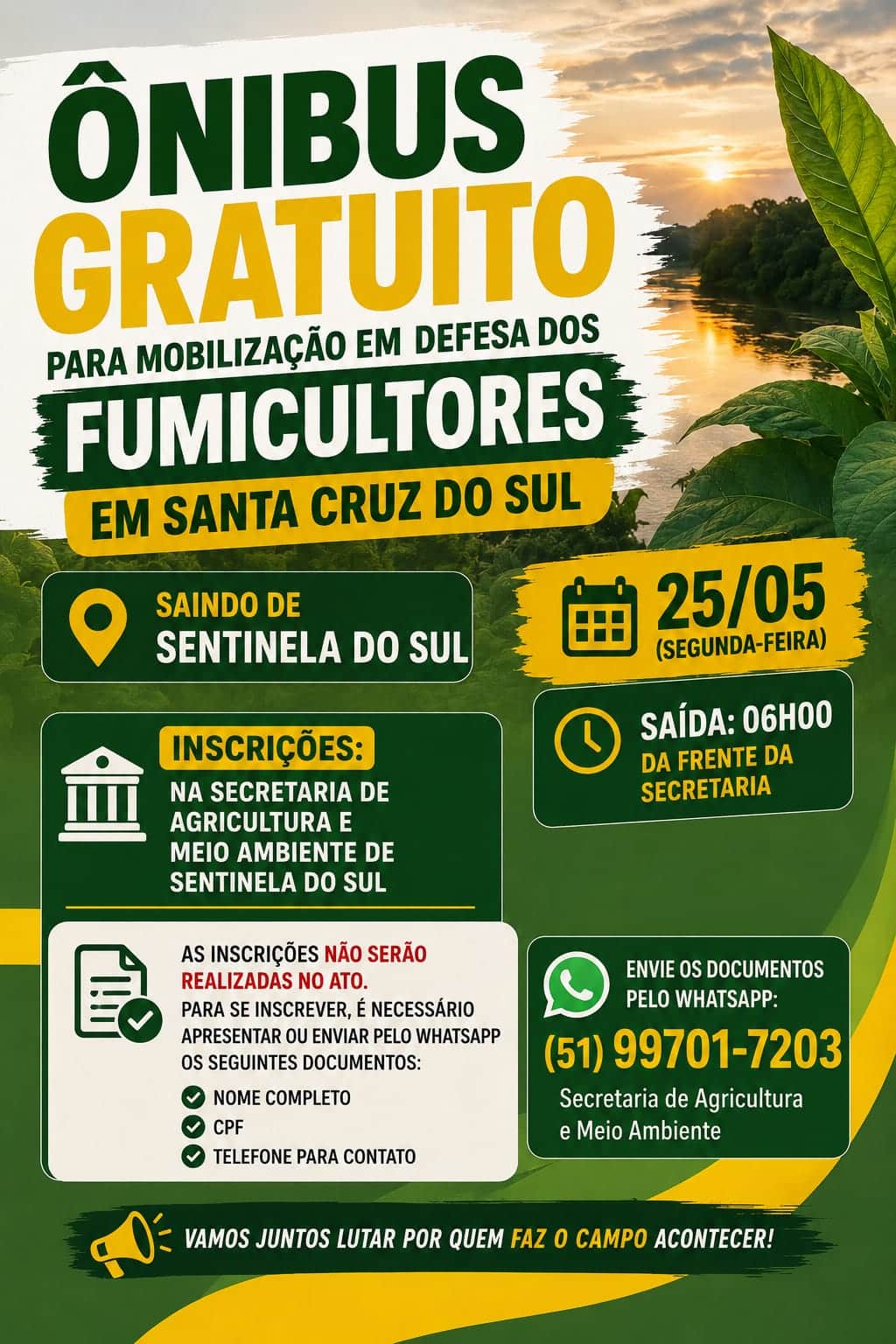 Sentinela do Sul disponibiliza ônibus grátis para protesto de fumicultores
