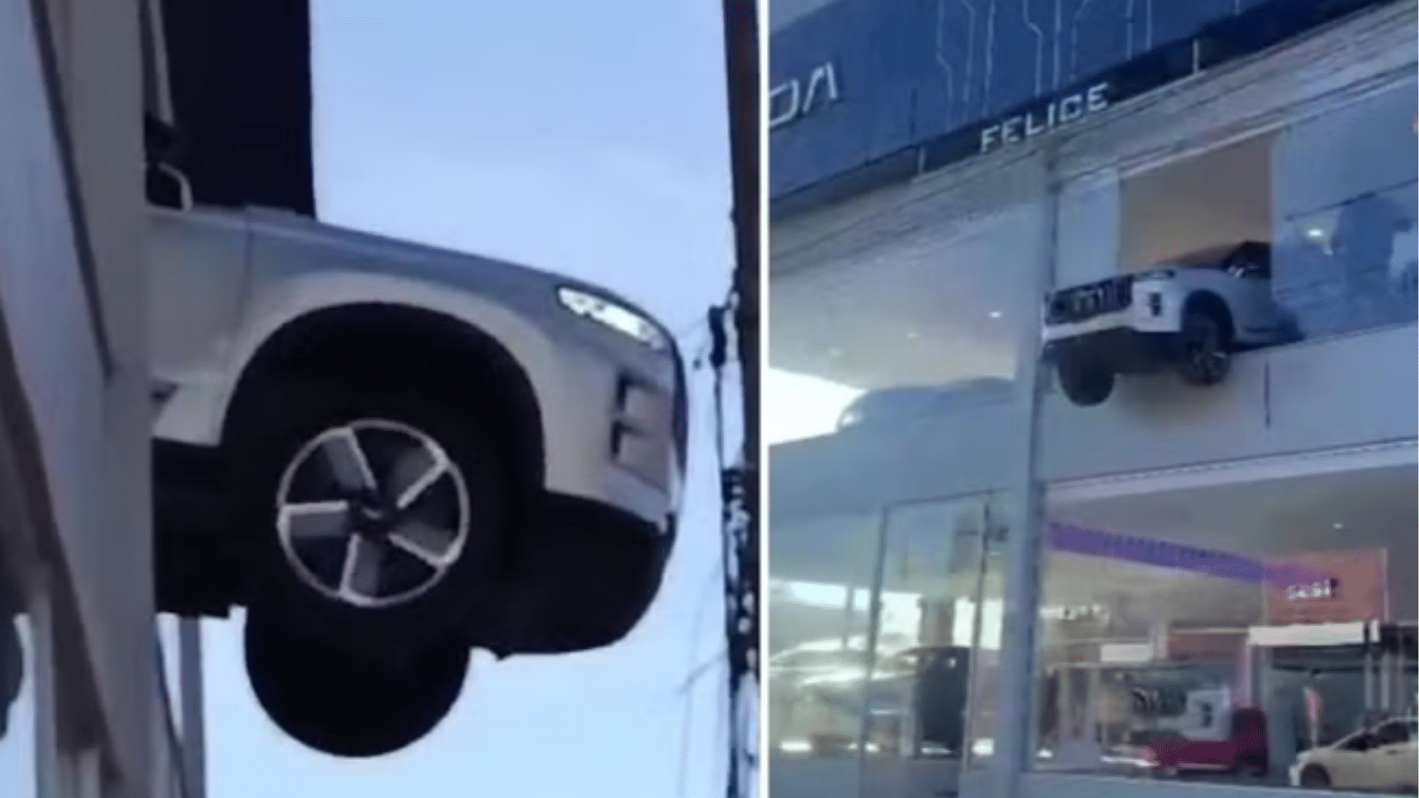 Funcionário erra manobra e carro fica pendurado em concessionária de Porto Alegre