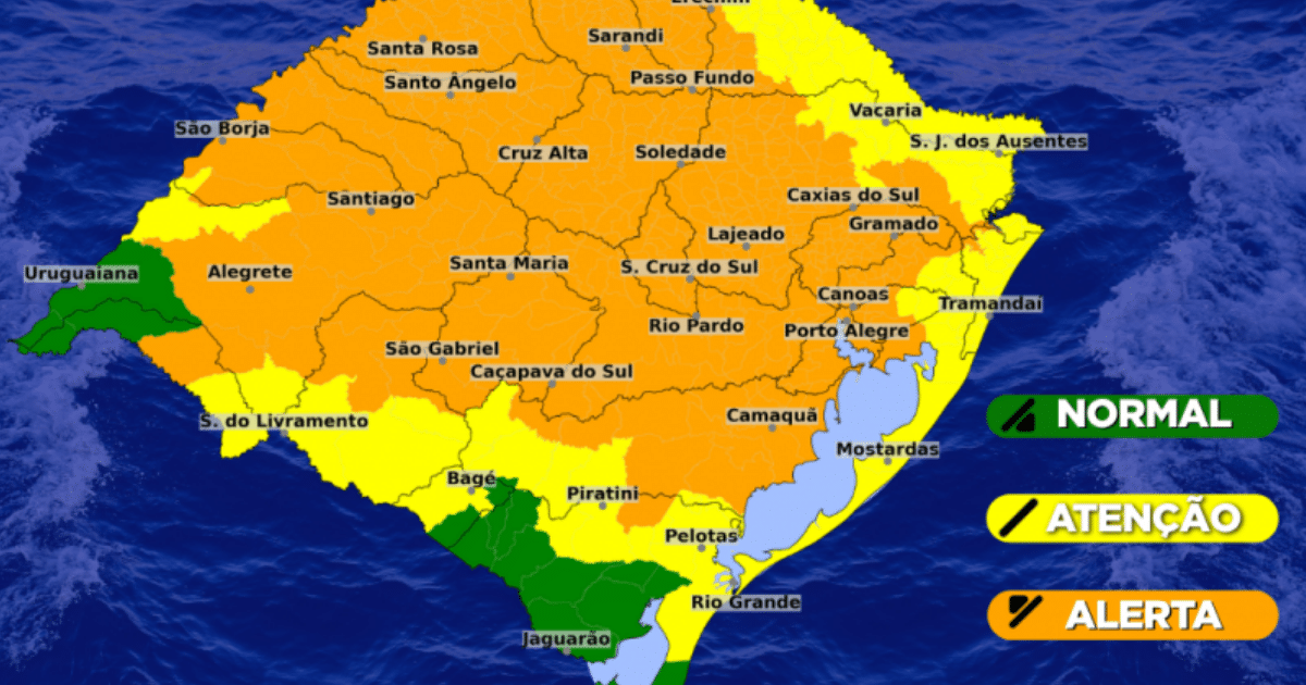 Defesa Civil alerta para temporais, ventos acima de 90 km/h e risco de alagamentos no RS