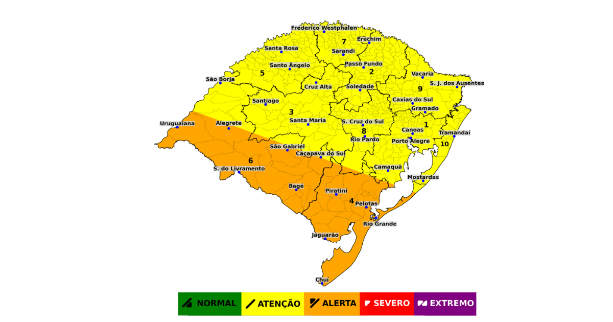 Defesa Civil alerta para temporais com granizo no RS até quinta-feira