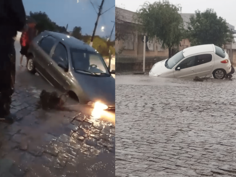 Vídeo: calçamento cede e veículos caem em buraco em Camaquã