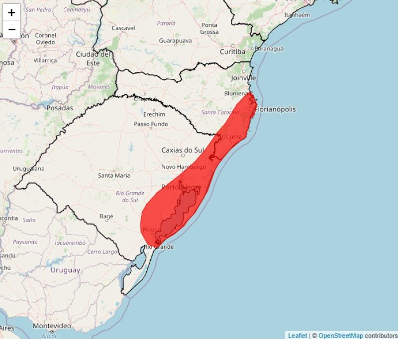 Imagem de mapa mostra Inmet alerta vermelho para o RS por causa de ciclone