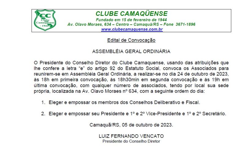 Clube Camaquense publica edital de convocação de Assembleia Geral Ordinária