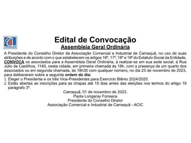 Associação Comercial e Industrial de Camaquã publica edital de convocação de Assembleia Geral Ordinária