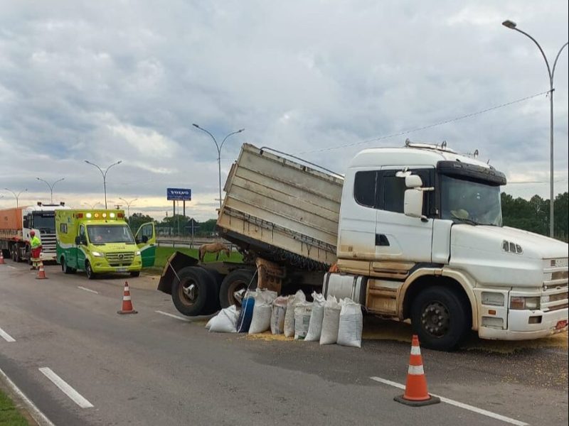 Acidente na BR-116: caminhão tomba e causa bloqueio em trecho da rodovia