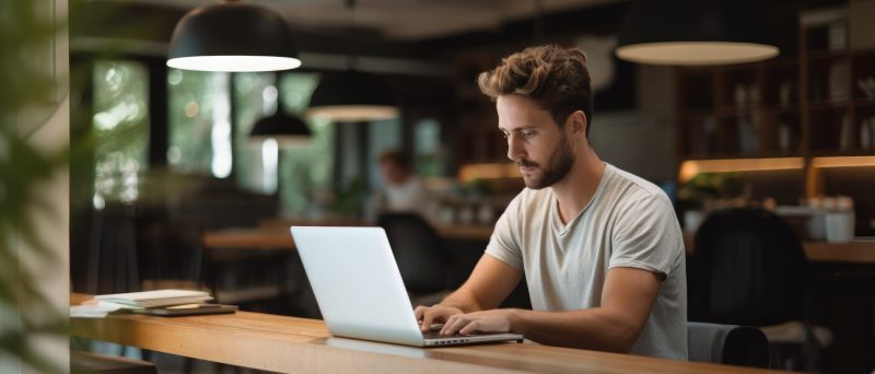 young man student working on laptop and study in library, Generative AI