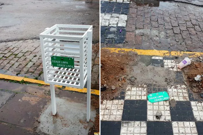 Projeto de lixeiras nas ruas é adiado após vandalismo em Camaquã
