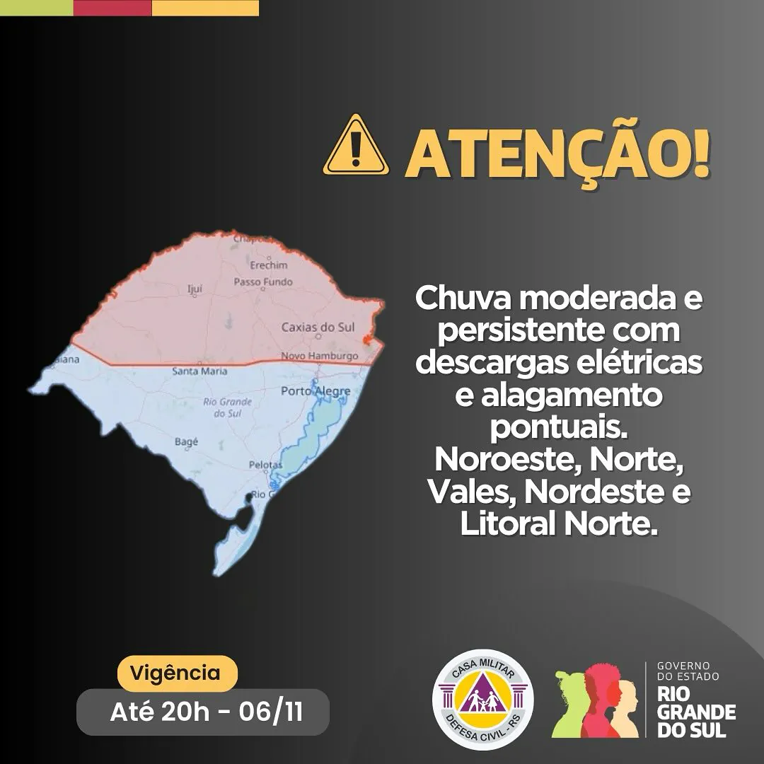 Defeda Civil emite alerta para chuva com descargas elétricas no RS