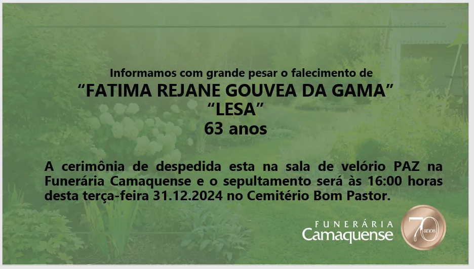Nota de Falecimento: Fátima Rejane Gouvea da Gama morre aos 63 anos