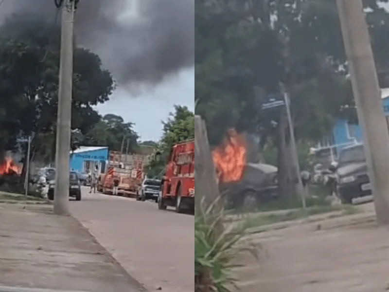 Carro pega fogo em oficina mecânica em Camaquã